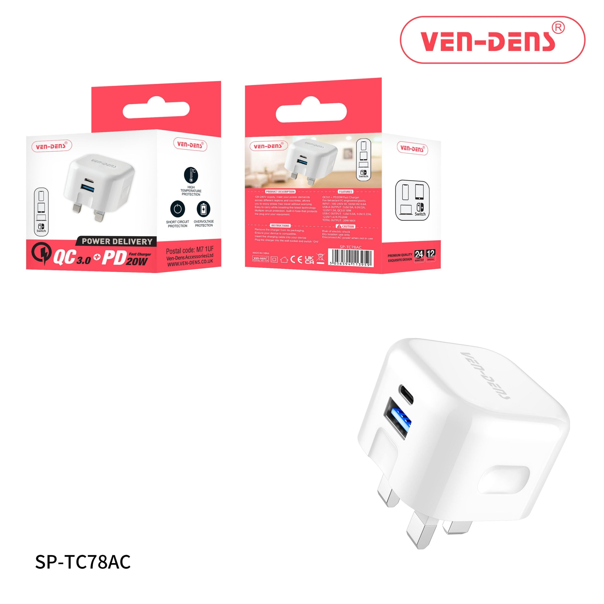 Ven-Dens 20W Dual Type C/USB PD Fast Charging Plug Ven-Dens 20W Dual Type C/USB PD Fast Charging Plug